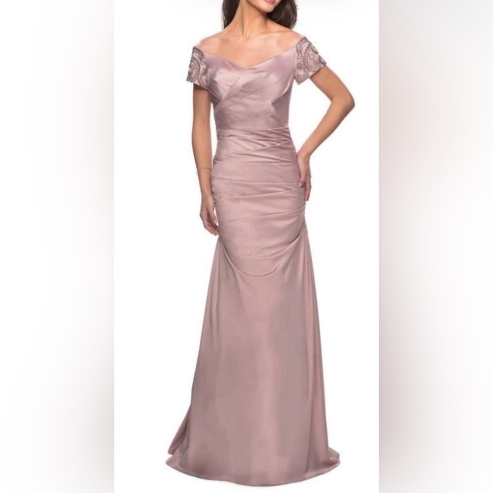 LA FEMME CHAMPAGNE WITH RUCHING SATIN FLOOR GOWN OFF THE SHOULDER  STYLE 25996
